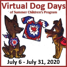 Virtual Dog Days of Summer Children's Program Event Square with cartoon drawings of Fidelco German Shepherds