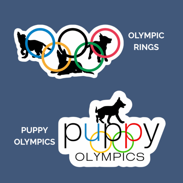 olympics rings with gsd pups in them and puppy olympics in the colors of the olympic rings with a gsd pup on top