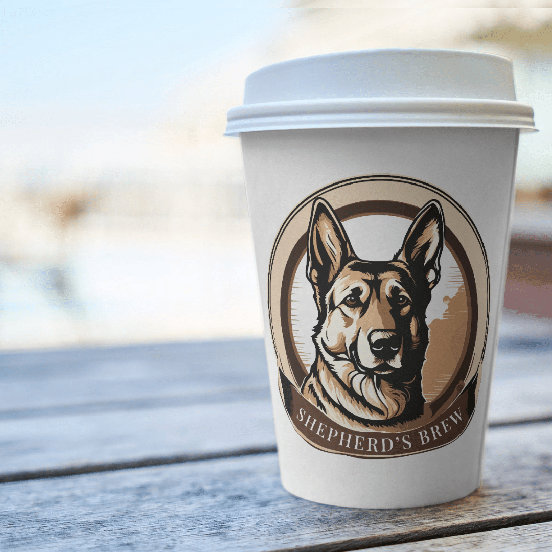 Shepherd's brew logo on a paper coffee cup on a rustic table
